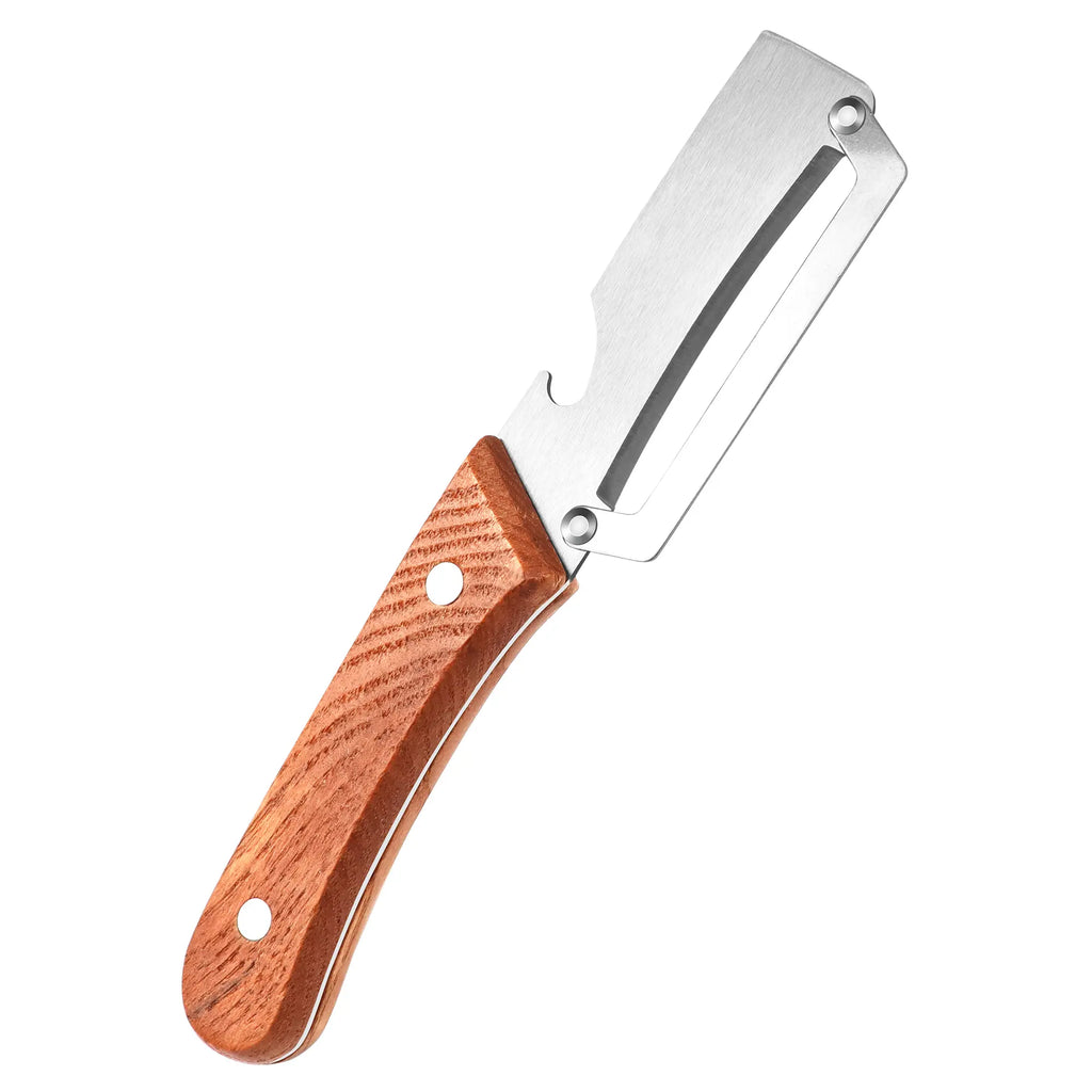 Ergonomic Wooden-Handled Vegetable and Fruit Peeler with Stainless Steel Blade and Integrated Bottle Opener