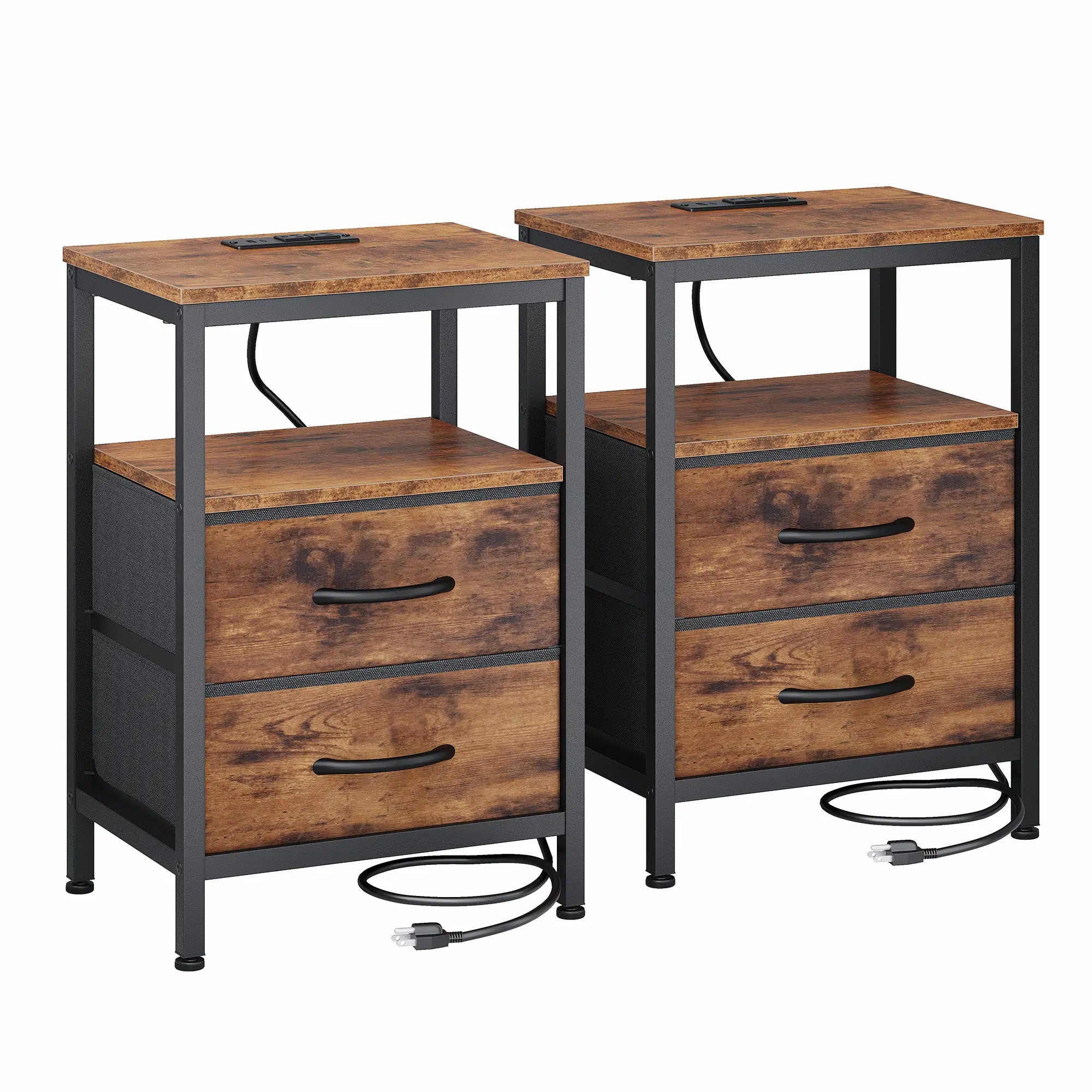 Elegant Nightstand with Integrated Charging Station, Dual Fabric Drawers, USB Ports, and Outlets - Modern Bedside Table for Apartments