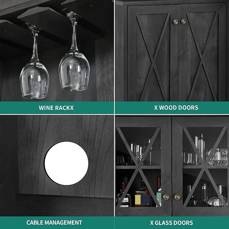 Yitahome 67" Tall Farmhouse Bar Cabinet with Wine Glass Rack, Open Storage Shelves, and Glass Doors in Charcoal Grey for Living Room