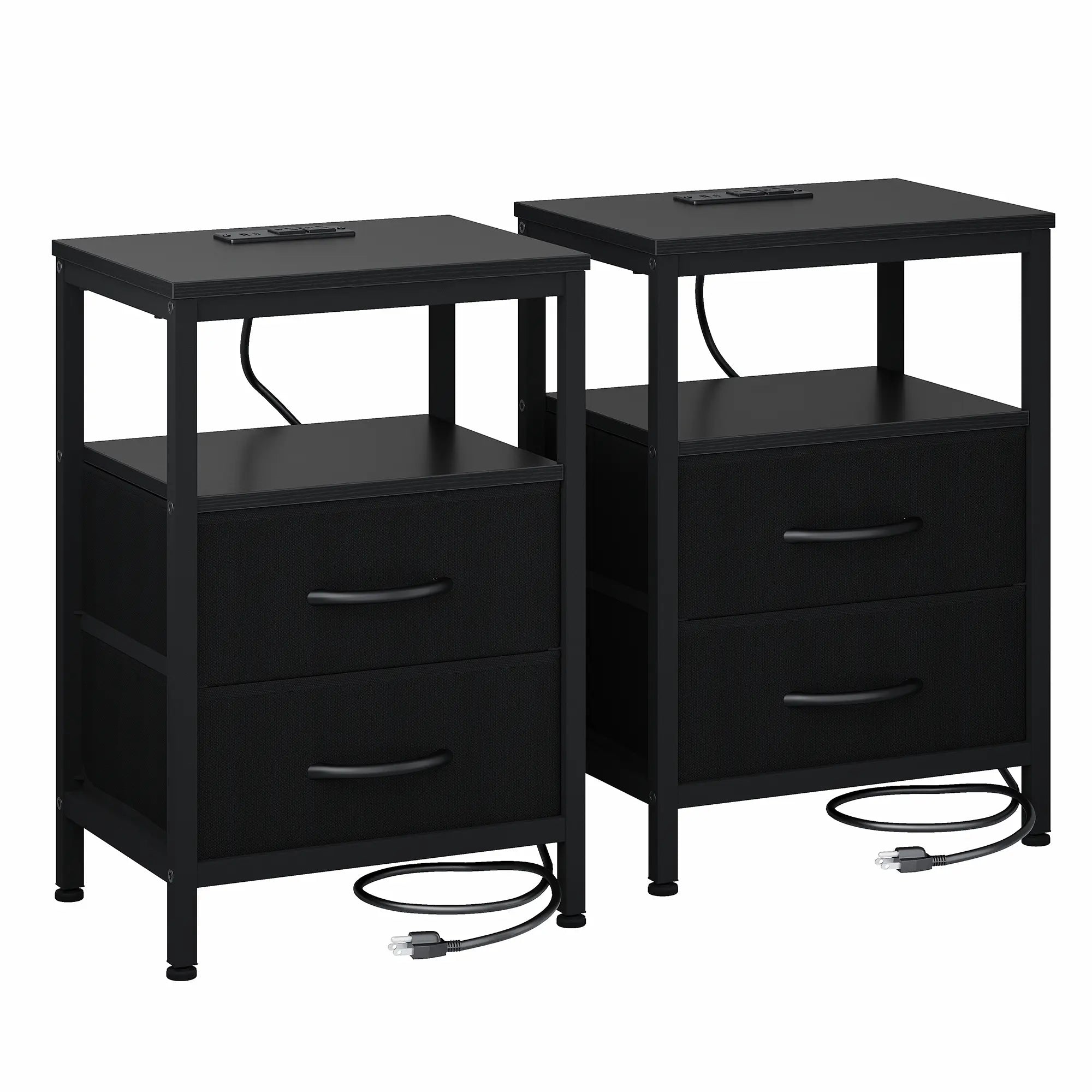 Elegant Nightstand with Integrated Charging Station, Dual Fabric Drawers, USB Ports, and Outlets - Modern Bedside Table for Apartments
