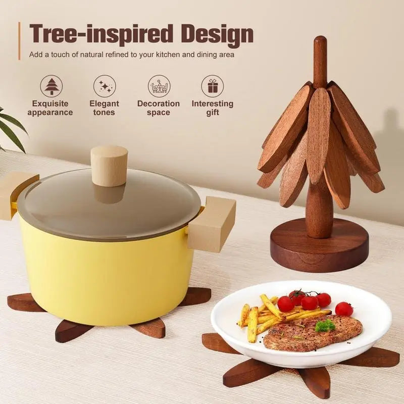 Wooden Coaster Set for Hot Dishes - Christmas Tree Design, Foldable Kitchen Decor for Pots, Bowls, Cups, and Hot Pots
