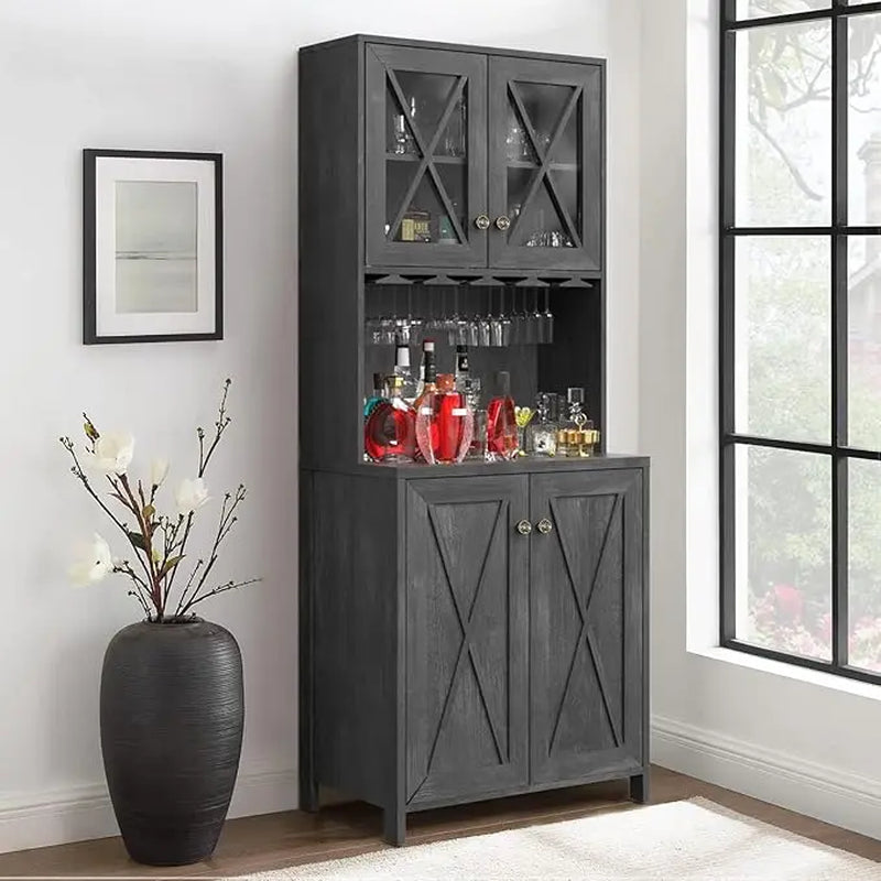 Yitahome 67" Tall Farmhouse Bar Cabinet with Wine Glass Rack, Open Storage Shelves, and Glass Doors in Charcoal Grey for Living Room