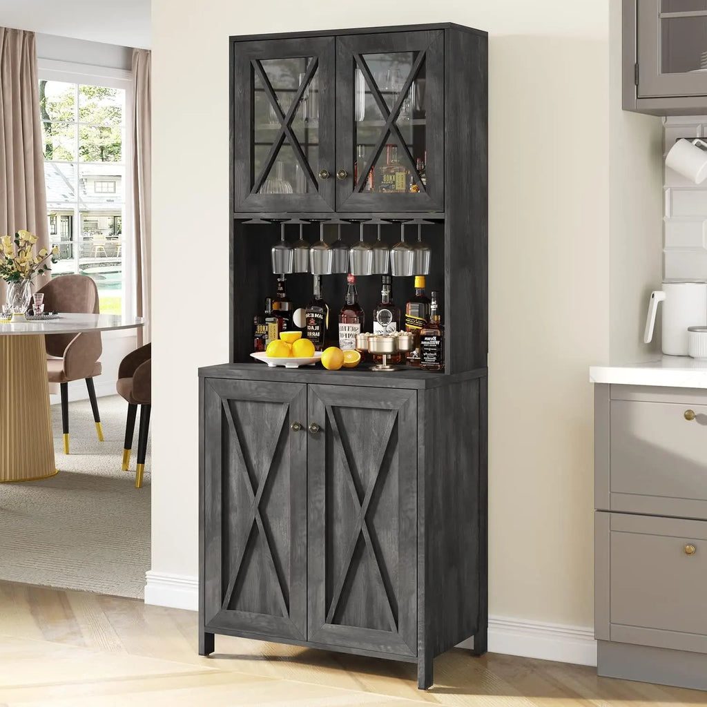 Yitahome 67" Tall Farmhouse Bar Cabinet with Wine Glass Rack, Open Storage Shelves, and Glass Doors in Charcoal Grey for Living Room