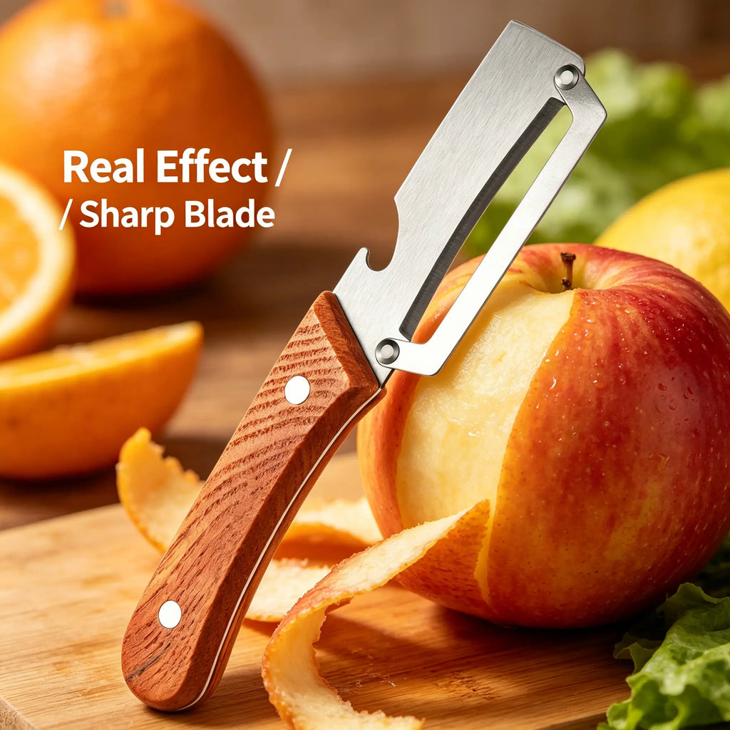 Ergonomic Wooden-Handled Vegetable and Fruit Peeler with Stainless Steel Blade and Integrated Bottle Opener