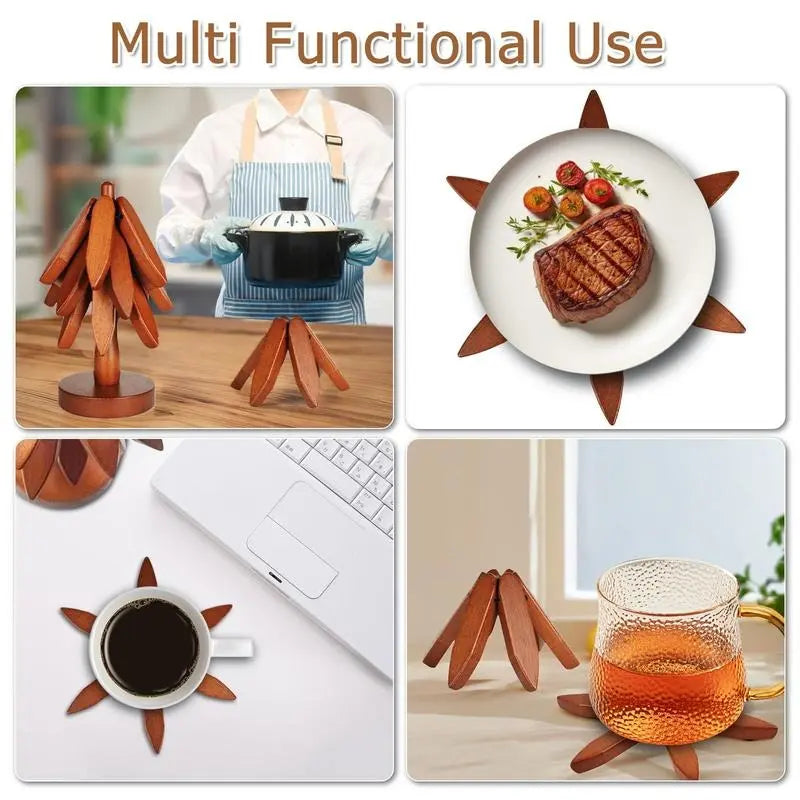 Wooden Coaster Set for Hot Dishes - Christmas Tree Design, Foldable Kitchen Decor for Pots, Bowls, Cups, and Hot Pots