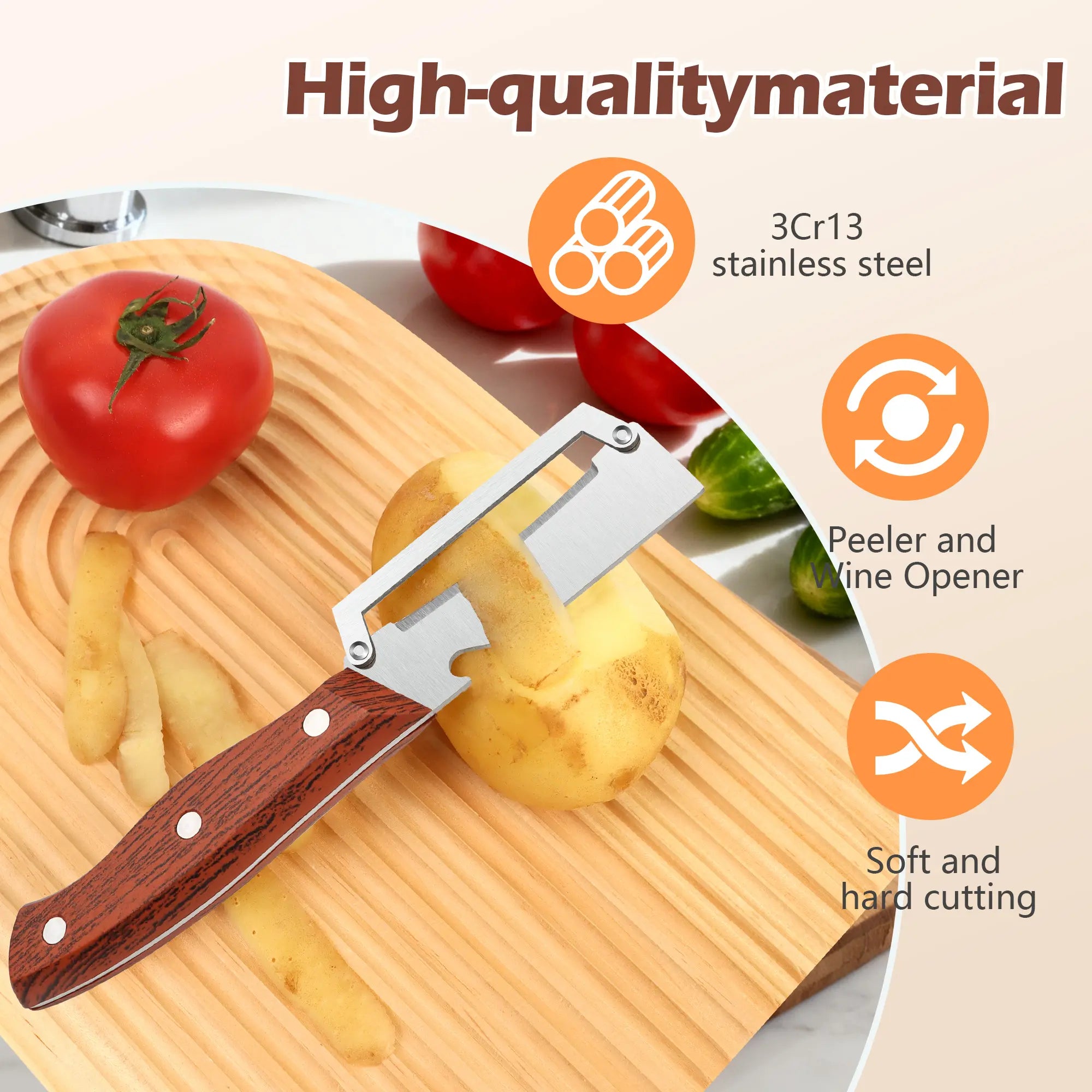 Ergonomic Wooden-Handled Vegetable and Fruit Peeler with Stainless Steel Blade and Integrated Bottle Opener