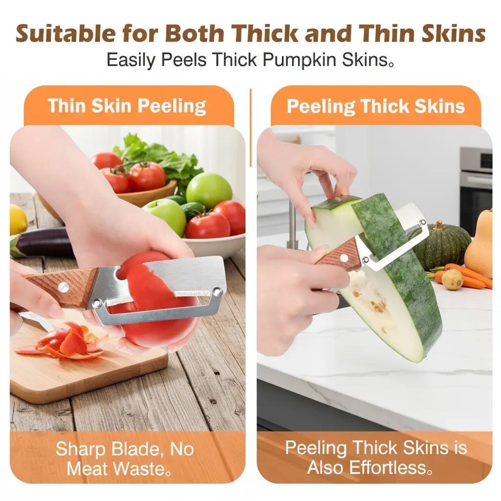 Ergonomic Wooden-Handled Vegetable and Fruit Peeler with Stainless Steel Blade and Integrated Bottle Opener