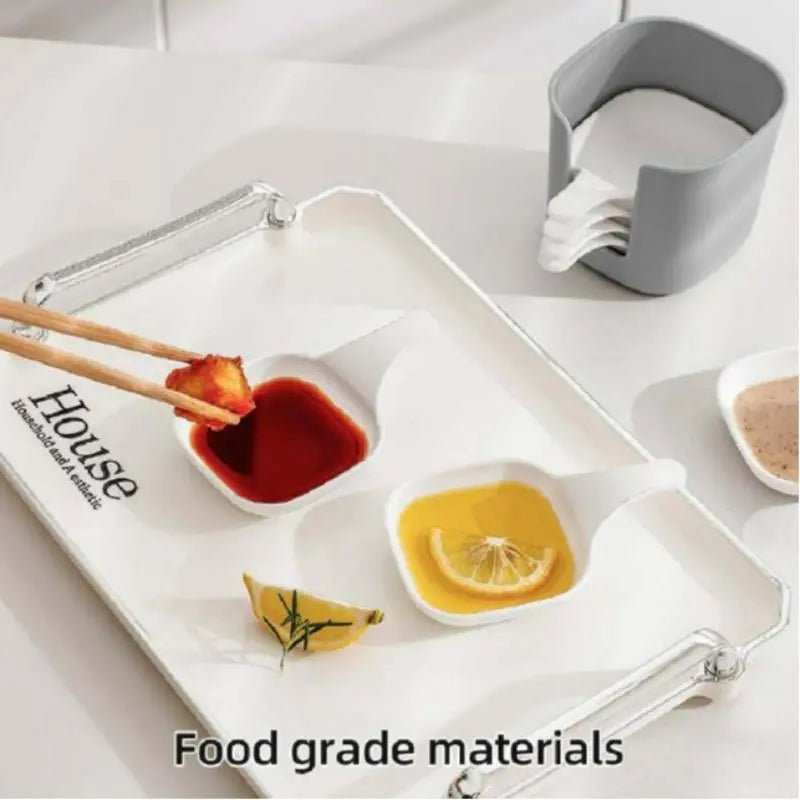 Dipping Sauce Plate and Holder Set - 7 Piece Vinegar and Soy Sauce Dish Collection with 6 Seasoning Dishes and 1 Storage Box - Kitchen Accessories and Cookware