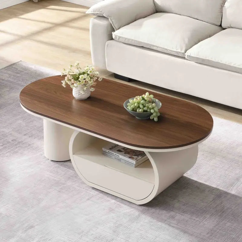 Luxury Oval Coffee Table with Storage Drawer, Wooden Top and Stainless Steel Base, 47.24