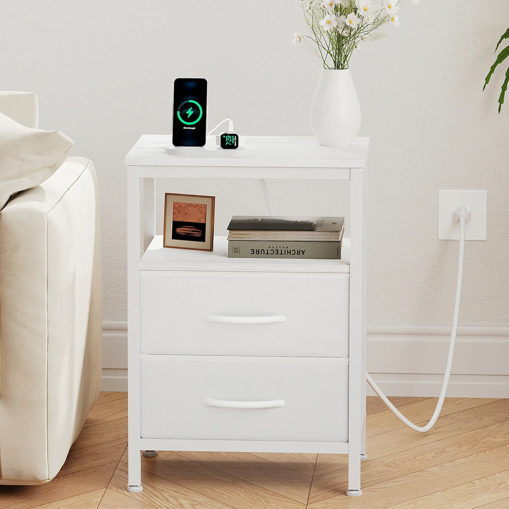 Elegant Nightstand with Integrated Charging Station, Dual Fabric Drawers, USB Ports, and Outlets - Modern Bedside Table for Apartments