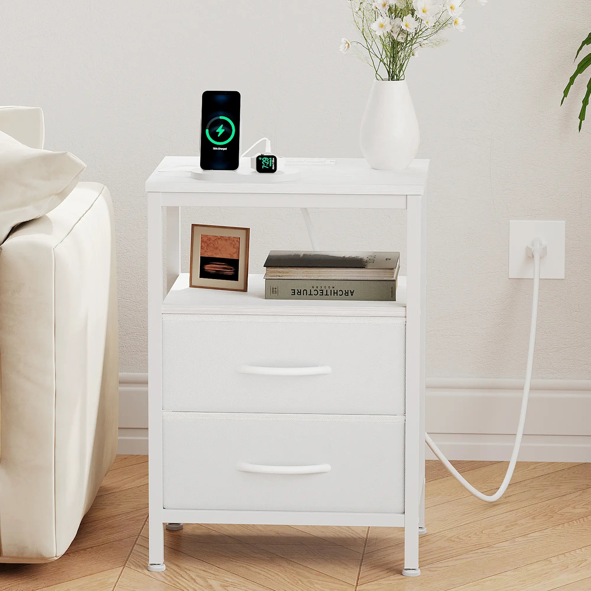 Elegant Nightstand with Integrated Charging Station, Dual Fabric Drawers, USB Ports, and Outlets - Modern Bedside Table for Apartments
