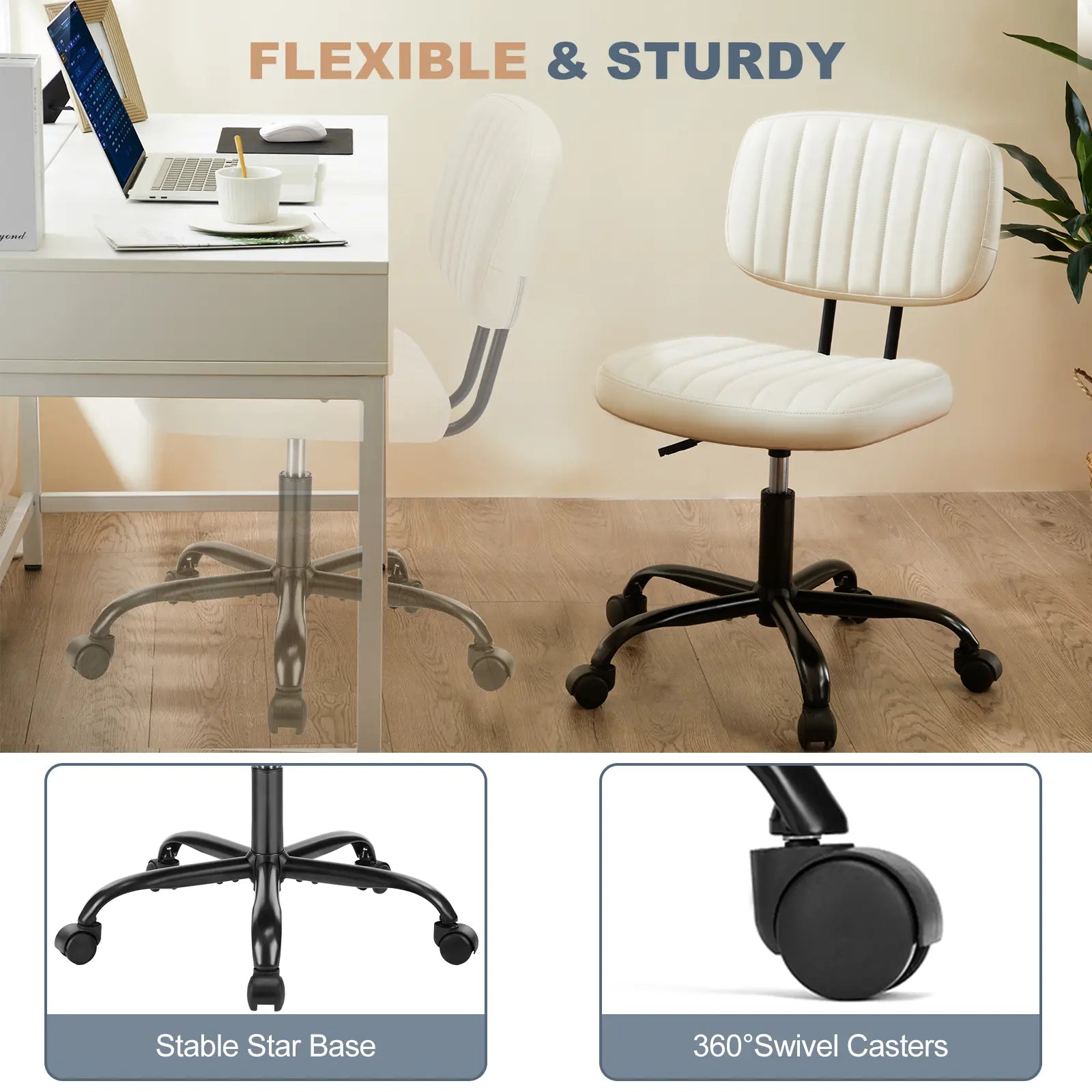 Armless Ergonomic Office Chair with Lumbar Support, Height Adjustable and 360° Swivel for Compact Spaces