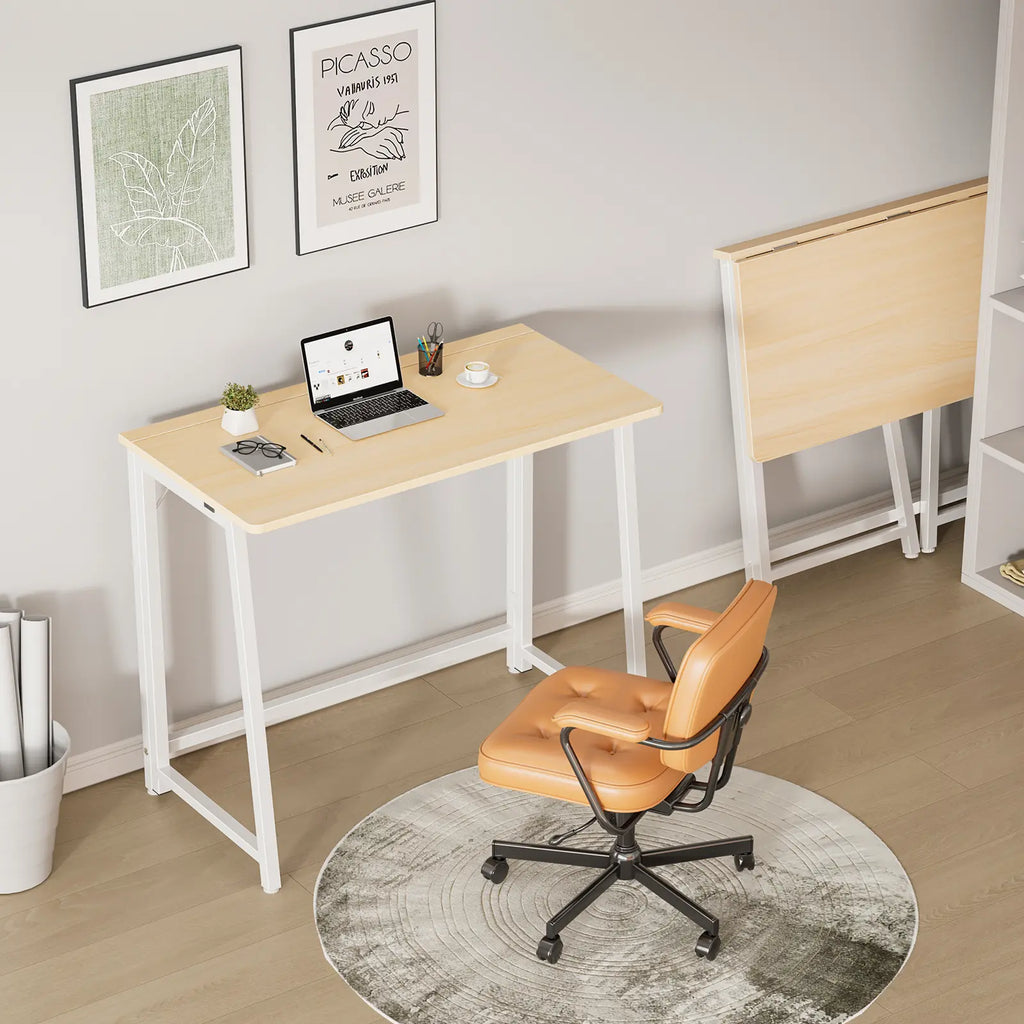 Sweetcrispy 31.5-Inch Modern Compact Folding Computer Desk - Steel Frame, P2 Particle Board, Easy Assembly, Oak Finish for Small Home Office Spaces