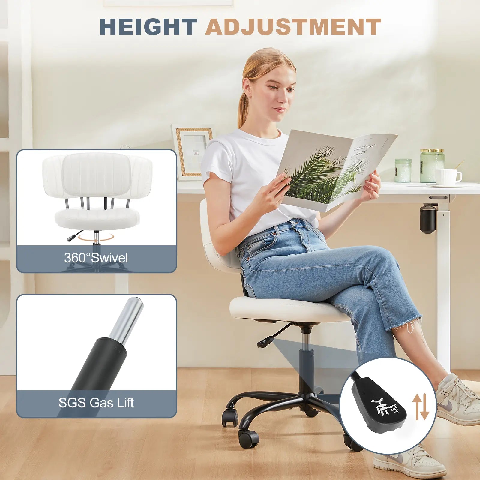 Armless Ergonomic Office Chair with Lumbar Support, Height Adjustable and 360° Swivel for Compact Spaces