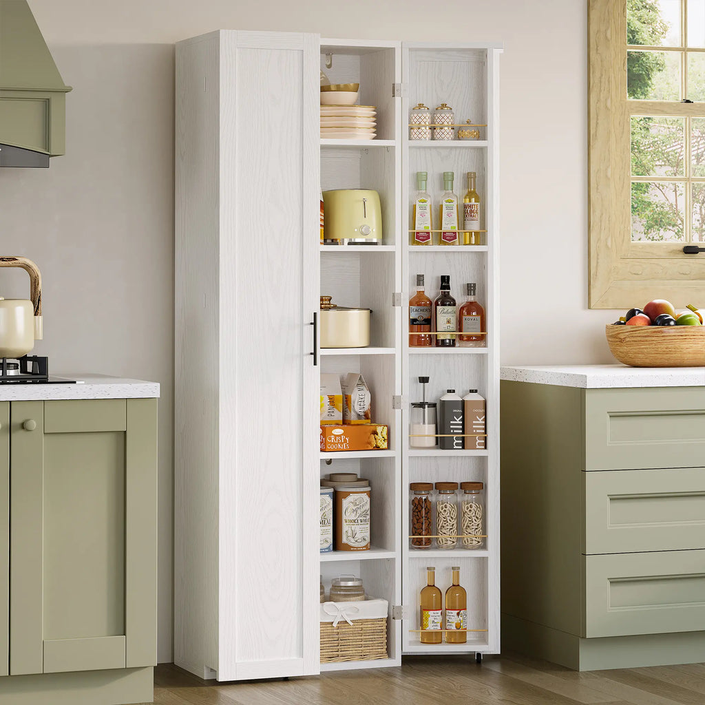 IRONCK 72-Inch Freestanding Kitchen Pantry Storage Cabinet with Wood Frame, Dual Doors, 12 Adjustable Shelves, Metal Casters, and Pre-Drilled Holes for Dining and Living Room Organization