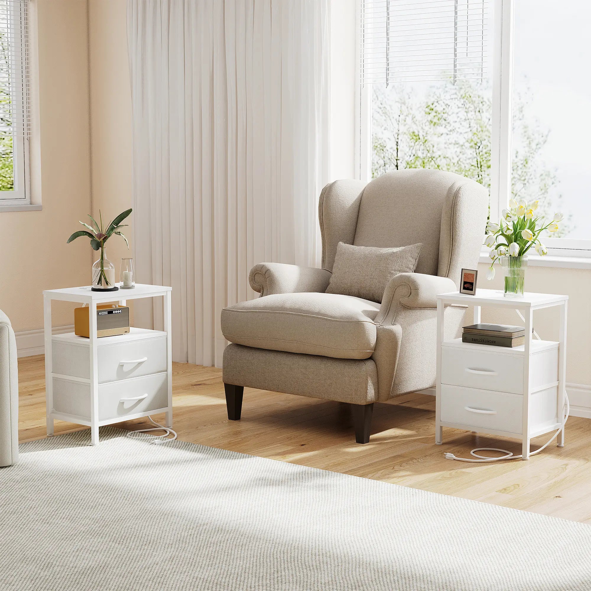 Elegant Nightstand with Integrated Charging Station, Dual Fabric Drawers, USB Ports, and Outlets - Modern Bedside Table for Apartments