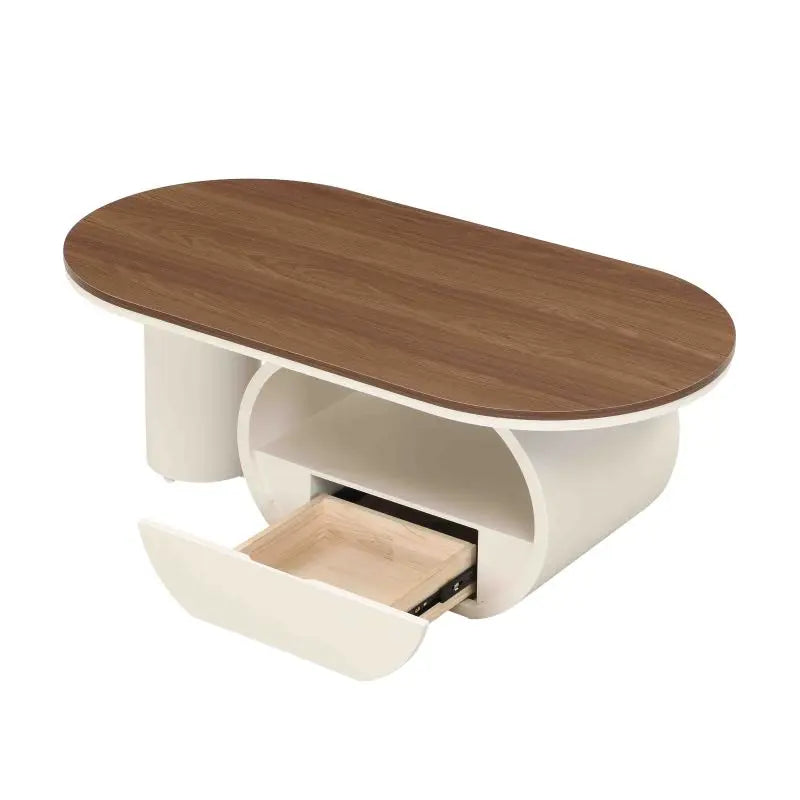 Luxury Oval Coffee Table with Storage Drawer, Wooden Top and Stainless Steel Base, 47.24