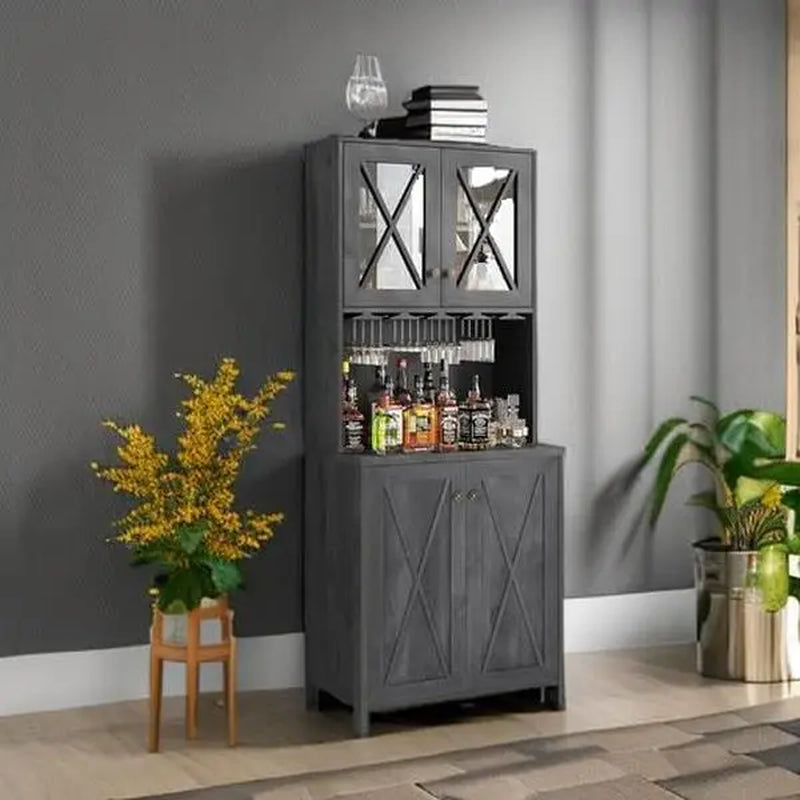 Yitahome 67" Tall Farmhouse Bar Cabinet with Wine Glass Rack, Open Storage Shelves, and Glass Doors in Charcoal Grey for Living Room