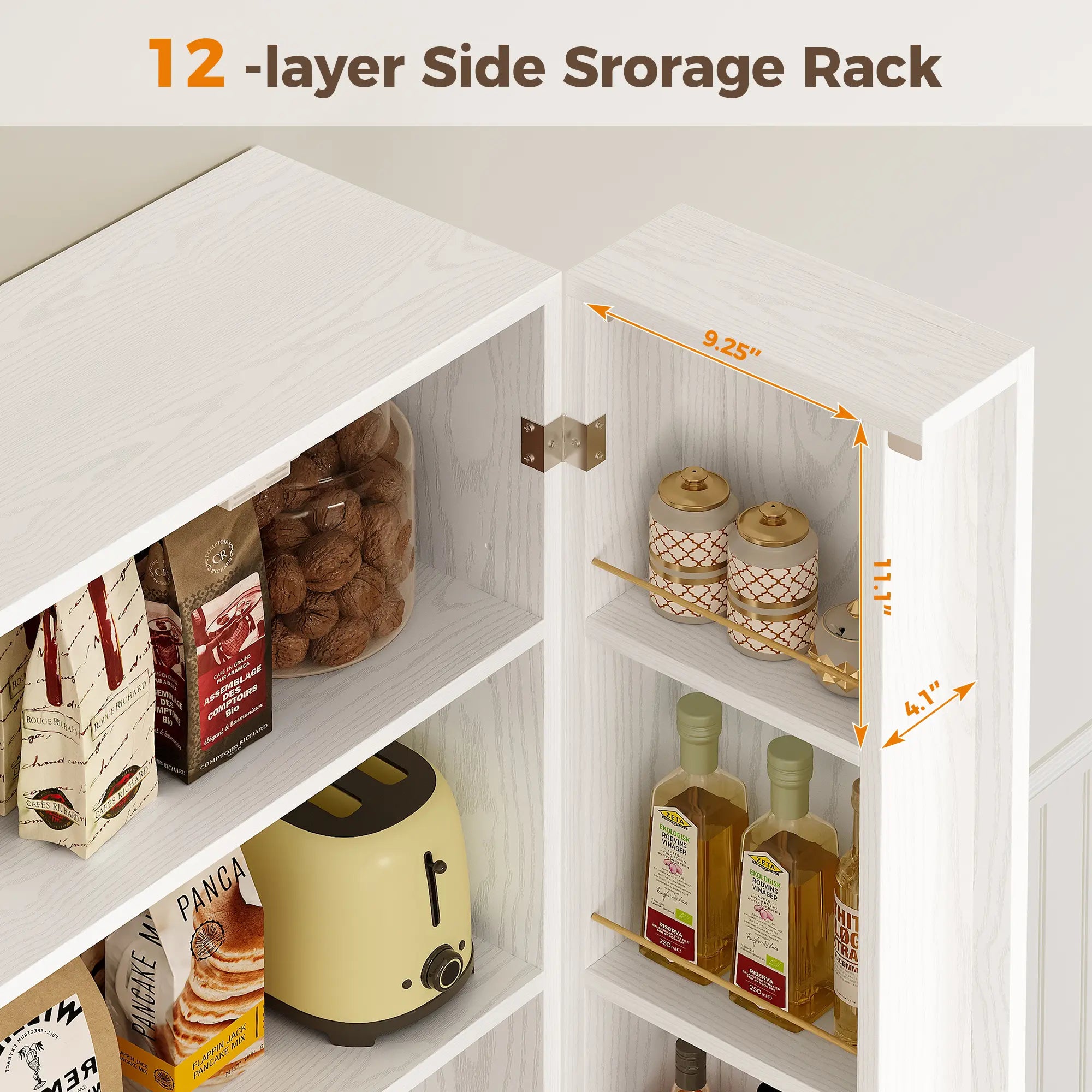 IRONCK 72-Inch Freestanding Kitchen Pantry Storage Cabinet with Wood Frame, Dual Doors, 12 Adjustable Shelves, Metal Casters, and Pre-Drilled Holes for Dining and Living Room Organization