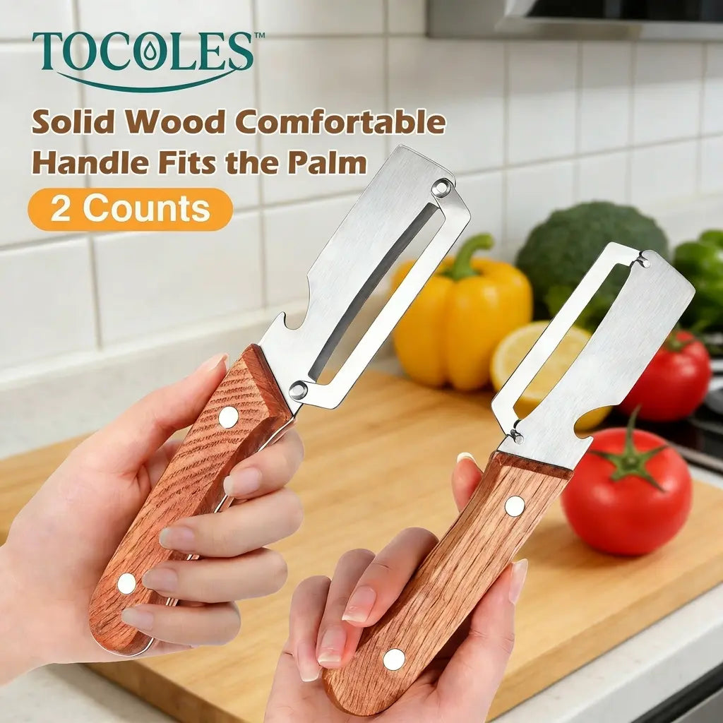 Ergonomic Wooden-Handled Vegetable and Fruit Peeler with Stainless Steel Blade and Integrated Bottle Opener