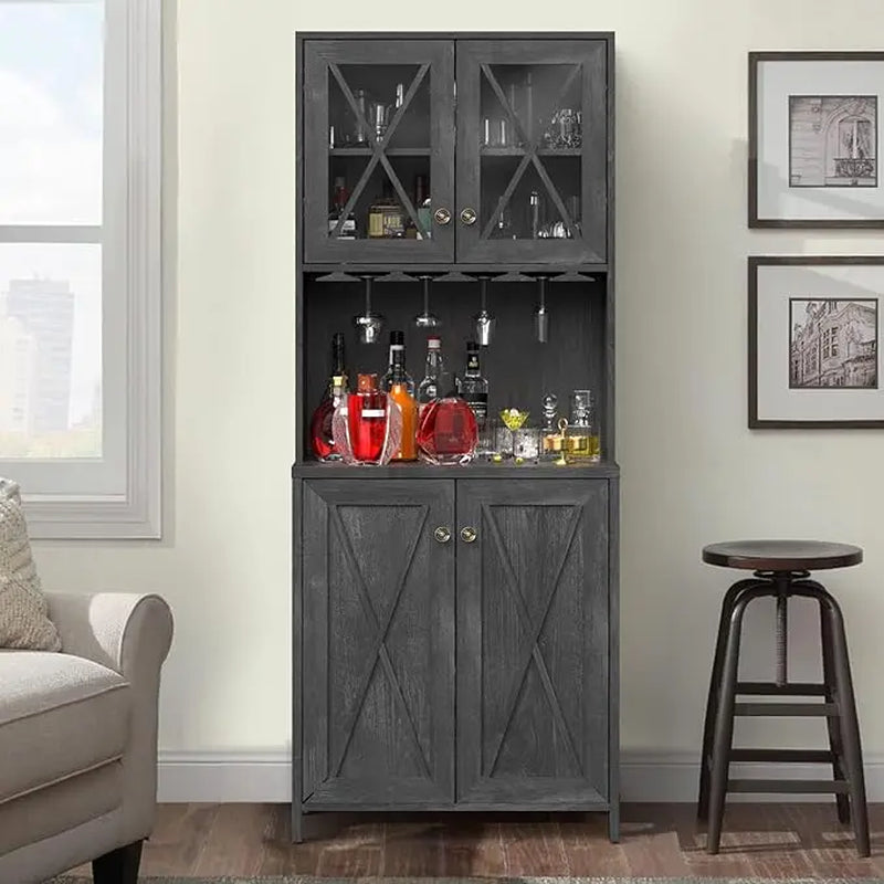 Yitahome 67" Tall Farmhouse Bar Cabinet with Wine Glass Rack, Open Storage Shelves, and Glass Doors in Charcoal Grey for Living Room