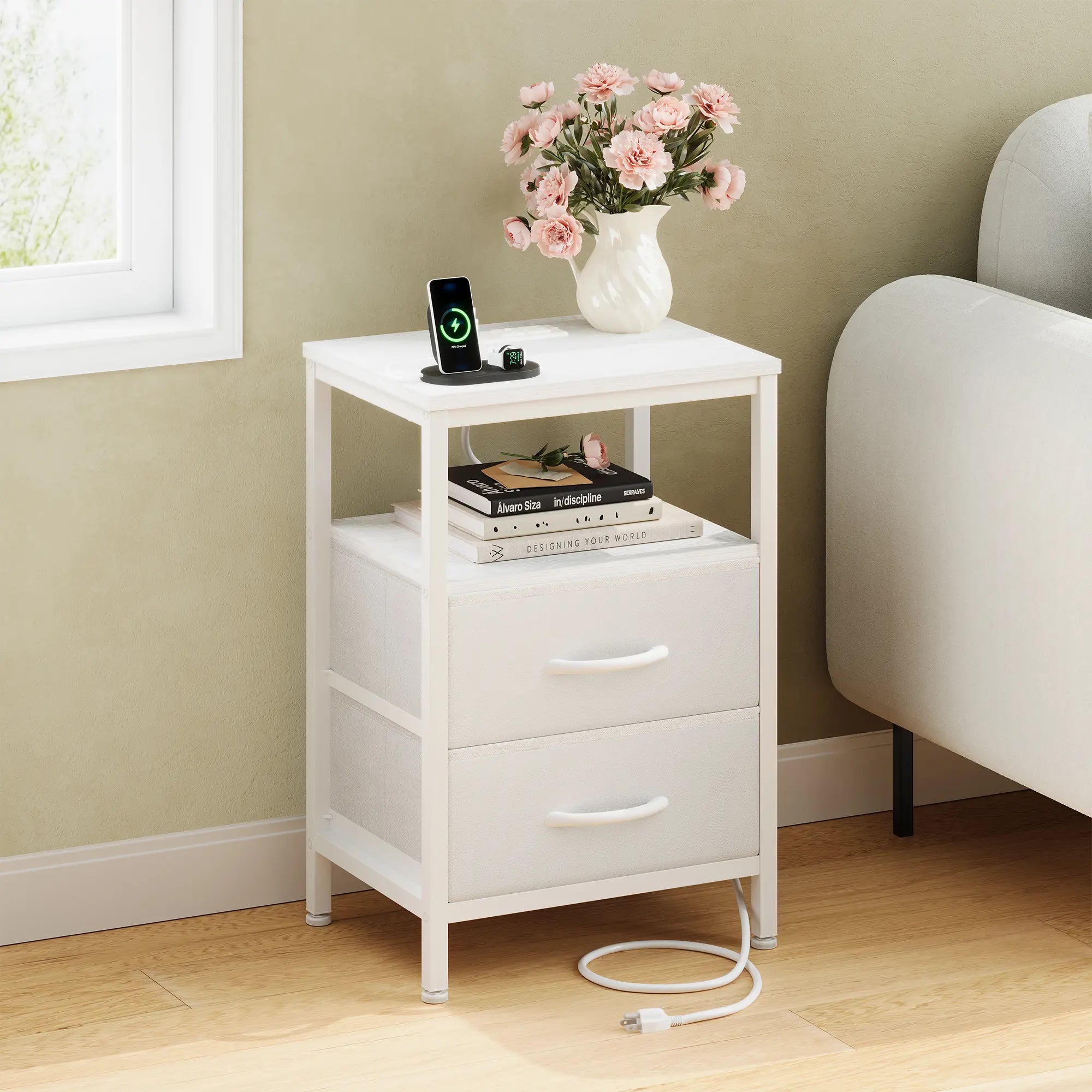 Elegant Nightstand with Integrated Charging Station, Dual Fabric Drawers, USB Ports, and Outlets - Modern Bedside Table for Apartments
