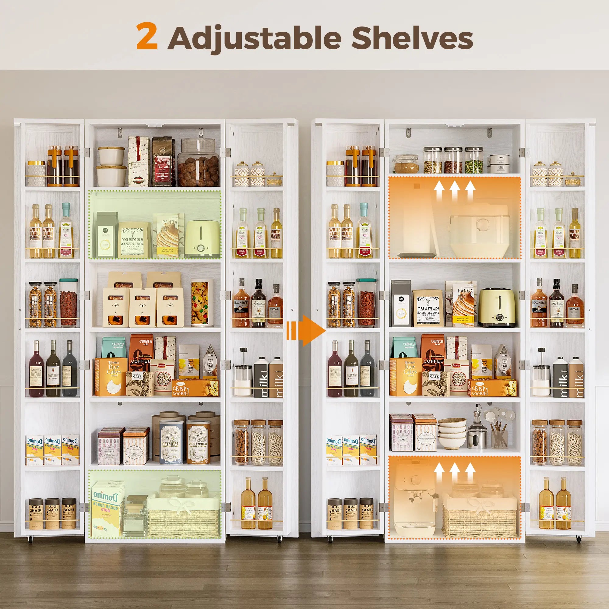 IRONCK 72-Inch Freestanding Kitchen Pantry Storage Cabinet with Wood Frame, Dual Doors, 12 Adjustable Shelves, Metal Casters, and Pre-Drilled Holes for Dining and Living Room Organization