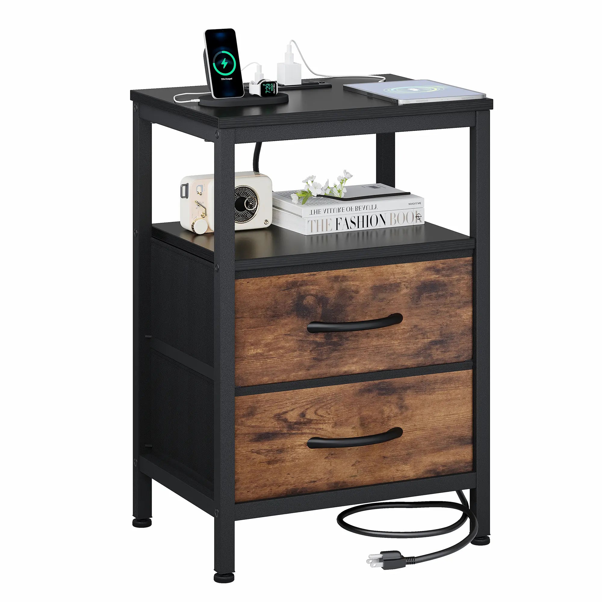 Elegant Nightstand with Integrated Charging Station, Dual Fabric Drawers, USB Ports, and Outlets - Modern Bedside Table for Apartments