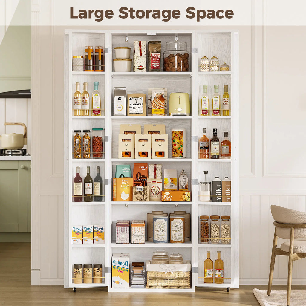 IRONCK 72-Inch Freestanding Kitchen Pantry Storage Cabinet with Wood Frame, Dual Doors, 12 Adjustable Shelves, Metal Casters, and Pre-Drilled Holes for Dining and Living Room Organization