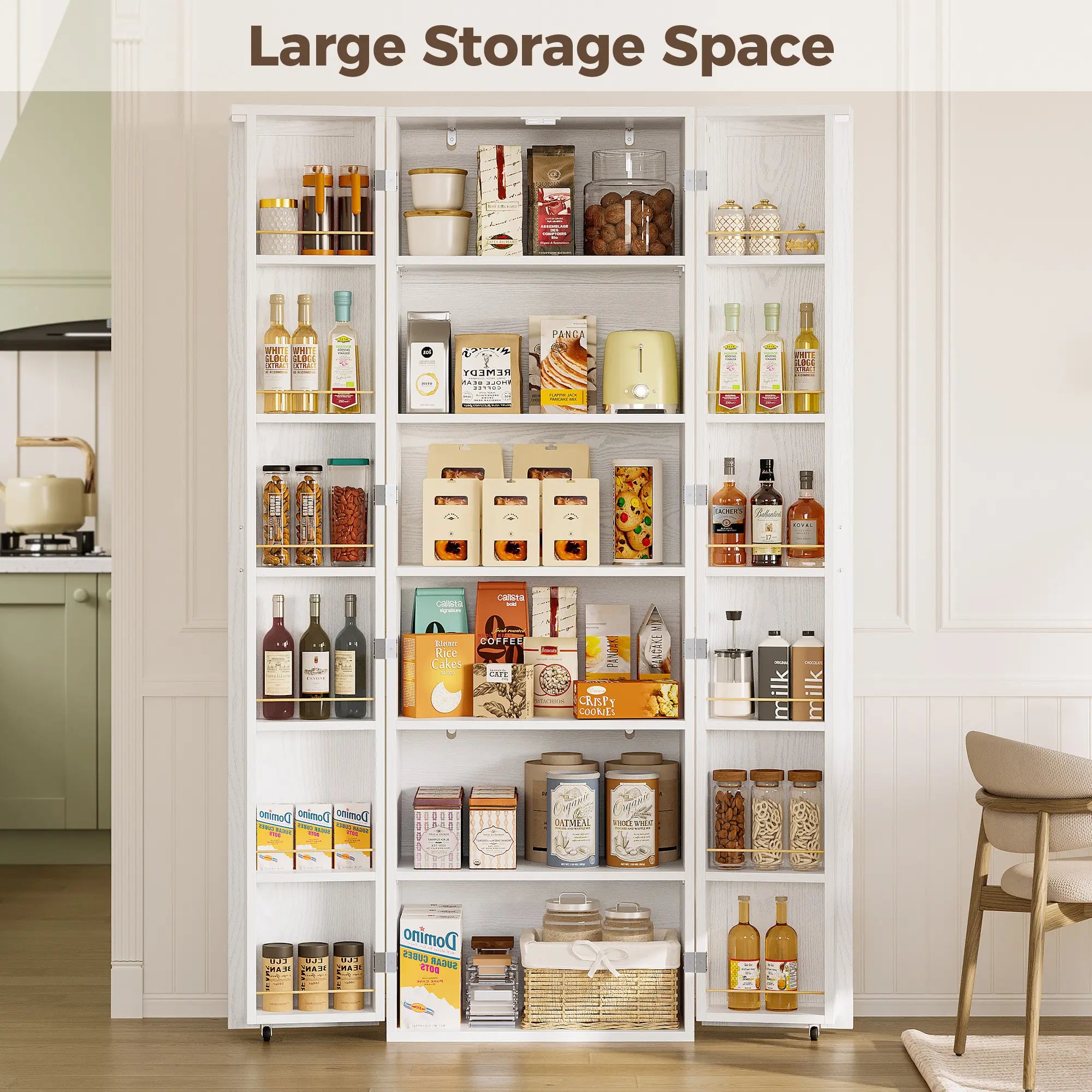 IRONCK 72-Inch Freestanding Kitchen Pantry Storage Cabinet with Wood Frame, Dual Doors, 12 Adjustable Shelves, Metal Casters, and Pre-Drilled Holes for Dining and Living Room Organization