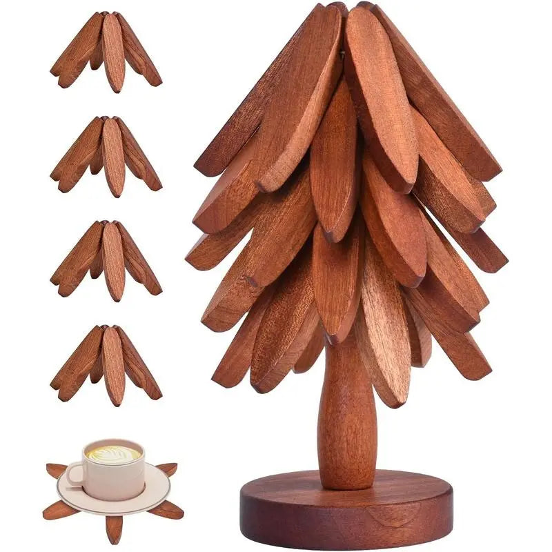 Wooden Coaster Set for Hot Dishes - Christmas Tree Design, Foldable Kitchen Decor for Pots, Bowls, Cups, and Hot Pots