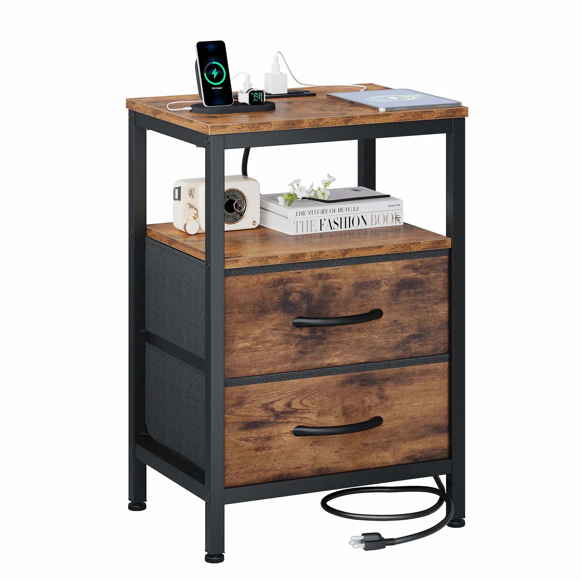 Elegant Nightstand with Integrated Charging Station, Dual Fabric Drawers, USB Ports, and Outlets - Modern Bedside Table for Apartments
