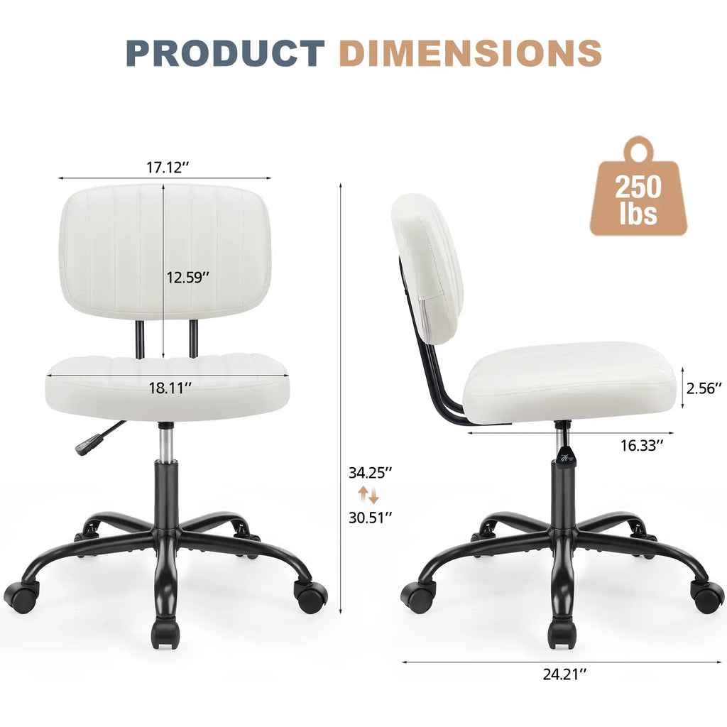Armless Ergonomic Office Chair with Lumbar Support, Height Adjustable and 360° Swivel for Compact Spaces
