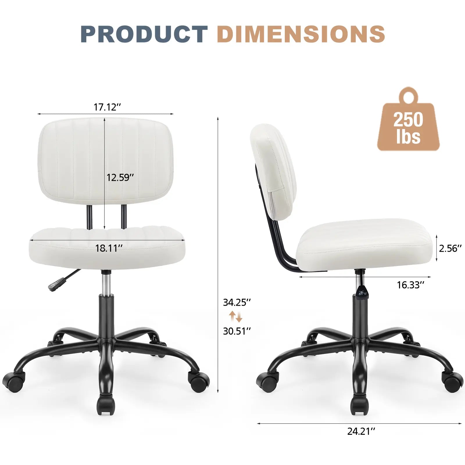 Armless Ergonomic Office Chair with Lumbar Support, Height Adjustable and 360° Swivel for Compact Spaces