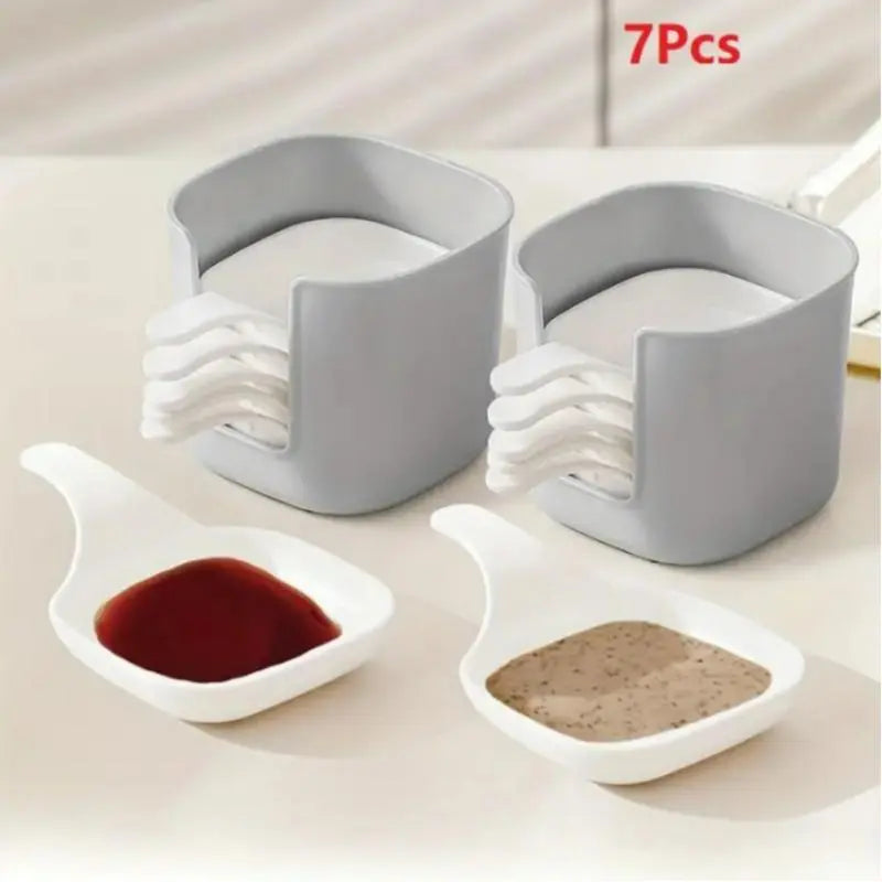 Dipping Sauce Plate and Holder Set - 7 Piece Vinegar and Soy Sauce Dish Collection with 6 Seasoning Dishes and 1 Storage Box - Kitchen Accessories and Cookware
