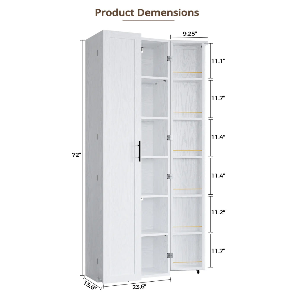 IRONCK 72-Inch Freestanding Kitchen Pantry Storage Cabinet with Wood Frame, Dual Doors, 12 Adjustable Shelves, Metal Casters, and Pre-Drilled Holes for Dining and Living Room Organization