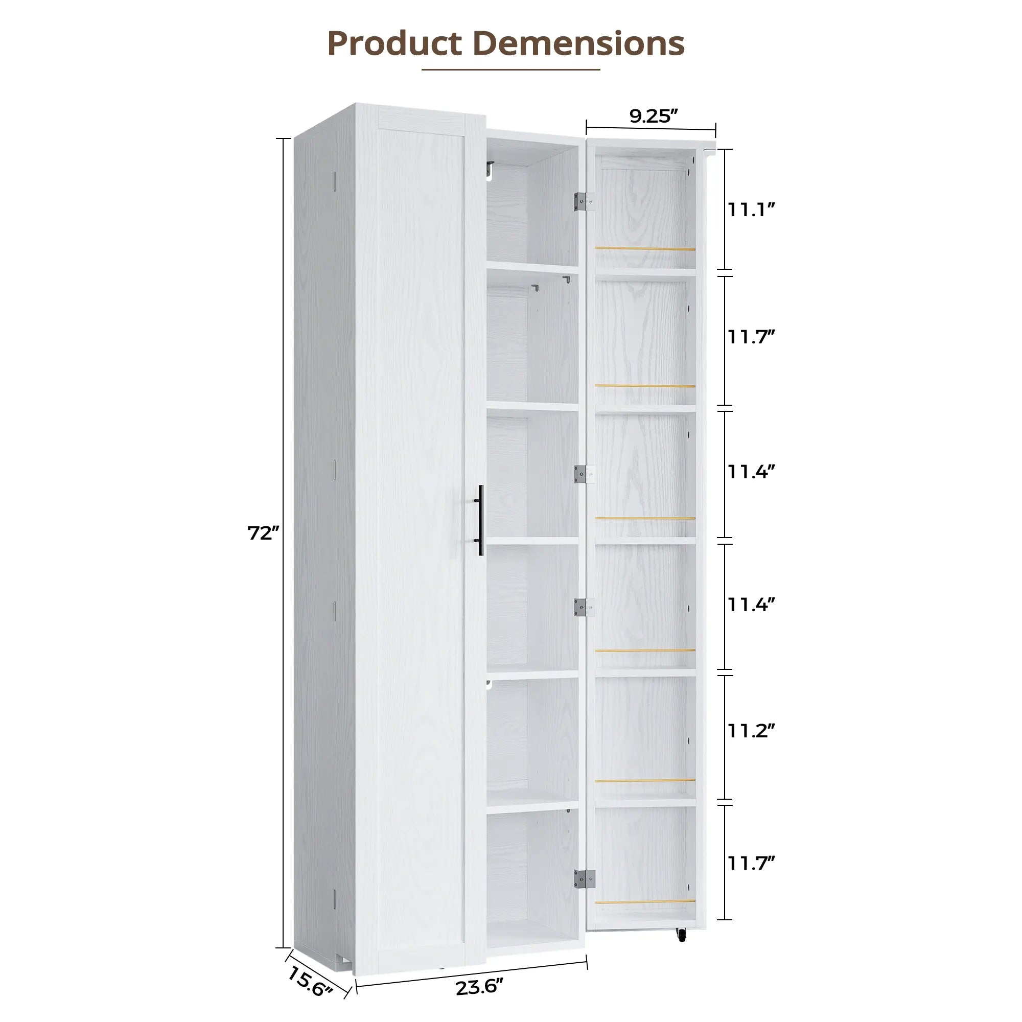 IRONCK 72-Inch Freestanding Kitchen Pantry Storage Cabinet with Wood Frame, Dual Doors, 12 Adjustable Shelves, Metal Casters, and Pre-Drilled Holes for Dining and Living Room Organization