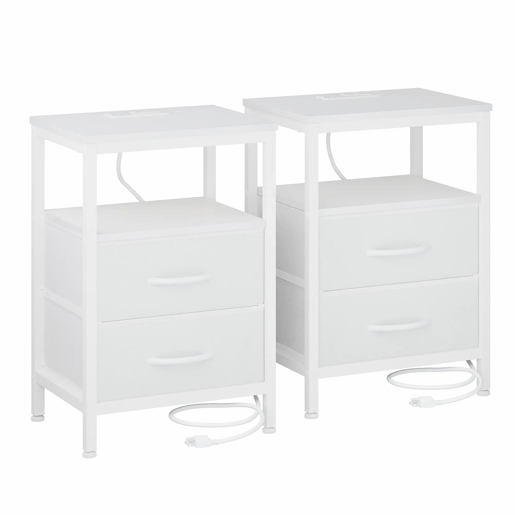 Elegant Nightstand with Integrated Charging Station, Dual Fabric Drawers, USB Ports, and Outlets - Modern Bedside Table for Apartments