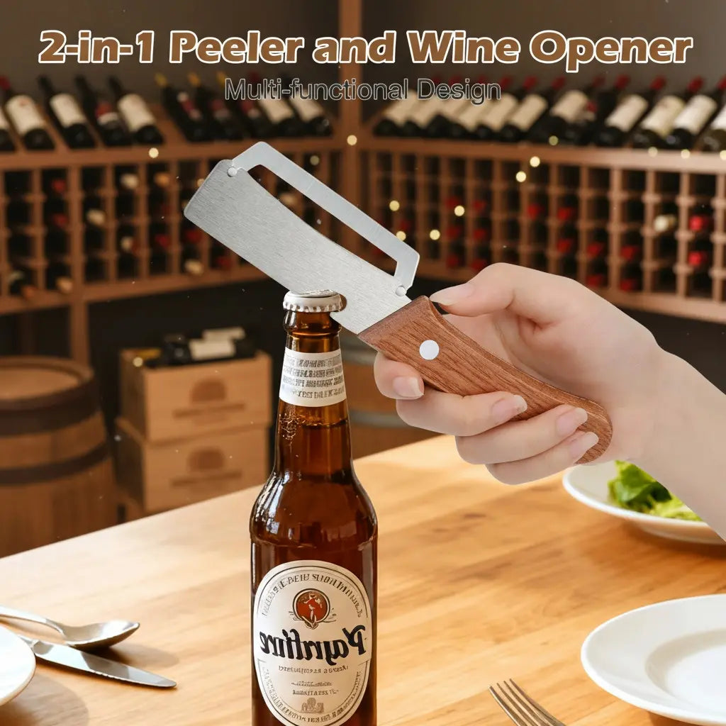 Ergonomic Wooden-Handled Vegetable and Fruit Peeler with Stainless Steel Blade and Integrated Bottle Opener