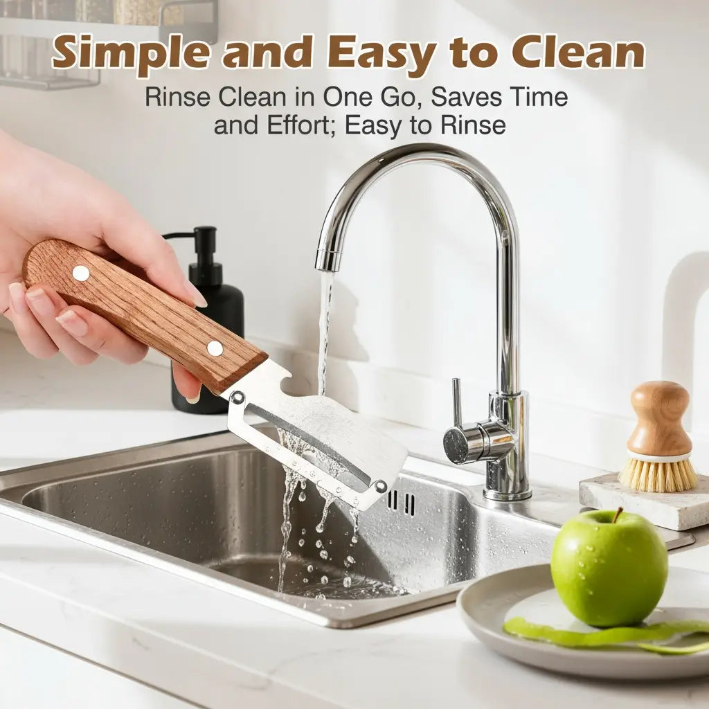 Ergonomic Wooden-Handled Vegetable and Fruit Peeler with Stainless Steel Blade and Integrated Bottle Opener