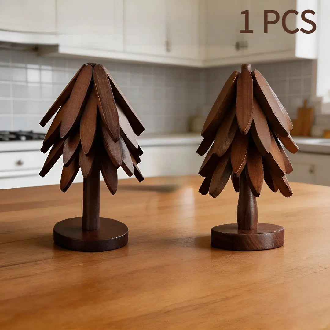 Wooden Coaster Set for Hot Dishes - Christmas Tree Design, Foldable Kitchen Decor for Pots, Bowls, Cups, and Hot Pots