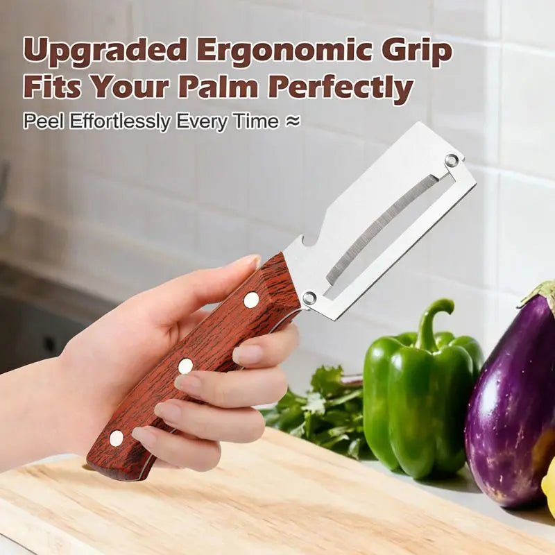 Ergonomic Wooden-Handled Vegetable and Fruit Peeler with Stainless Steel Blade and Integrated Bottle Opener
