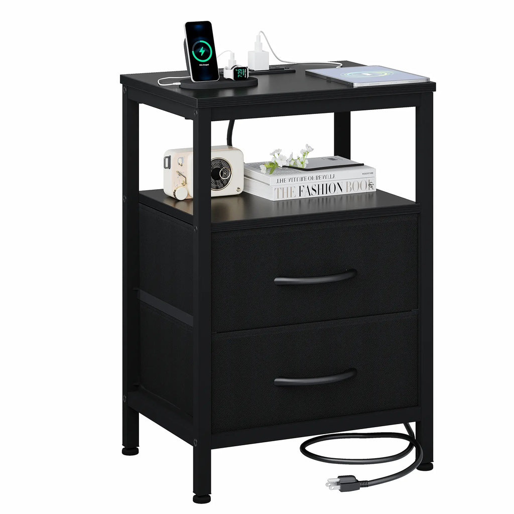 Elegant Nightstand with Integrated Charging Station, Dual Fabric Drawers, USB Ports, and Outlets - Modern Bedside Table for Apartments