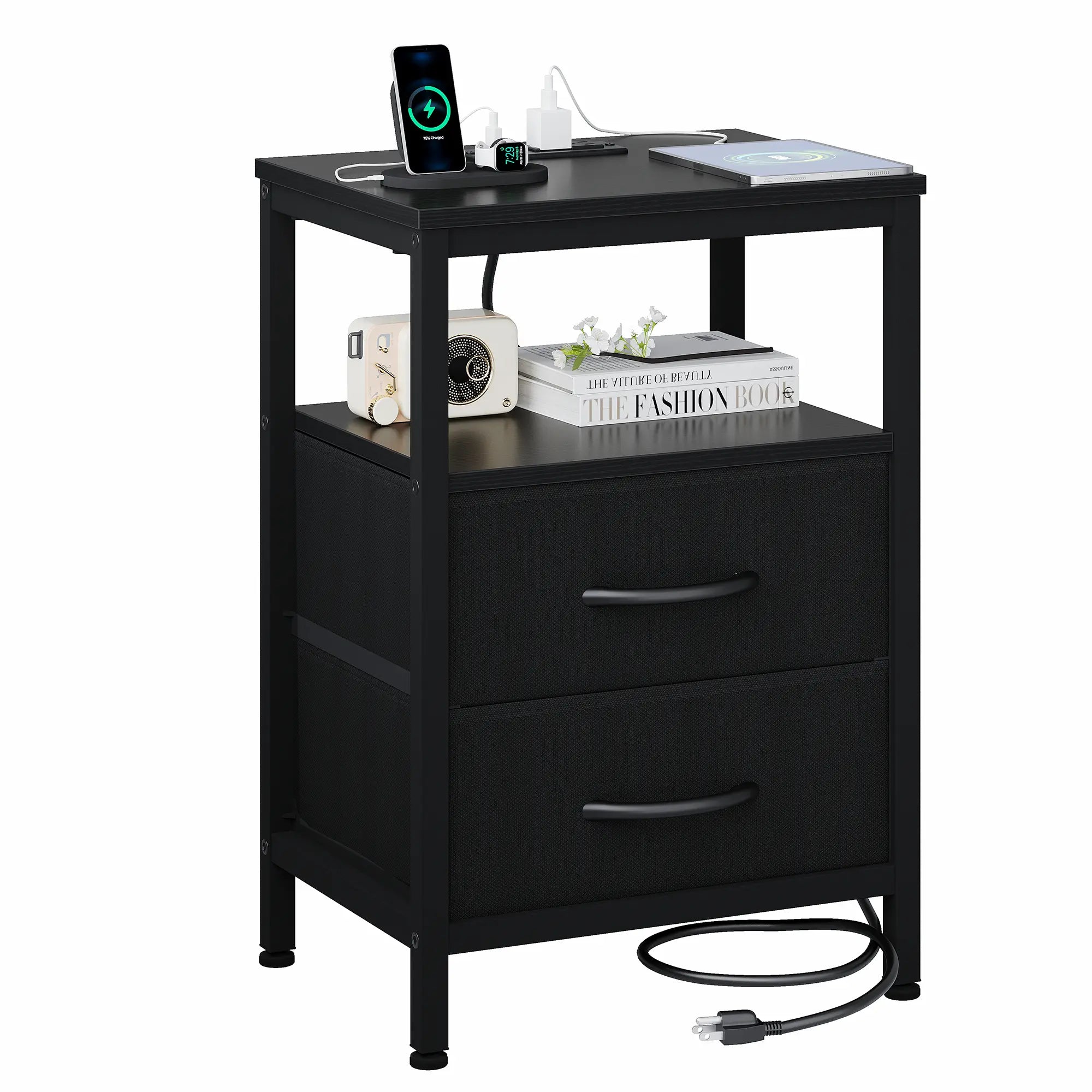 Elegant Nightstand with Integrated Charging Station, Dual Fabric Drawers, USB Ports, and Outlets - Modern Bedside Table for Apartments