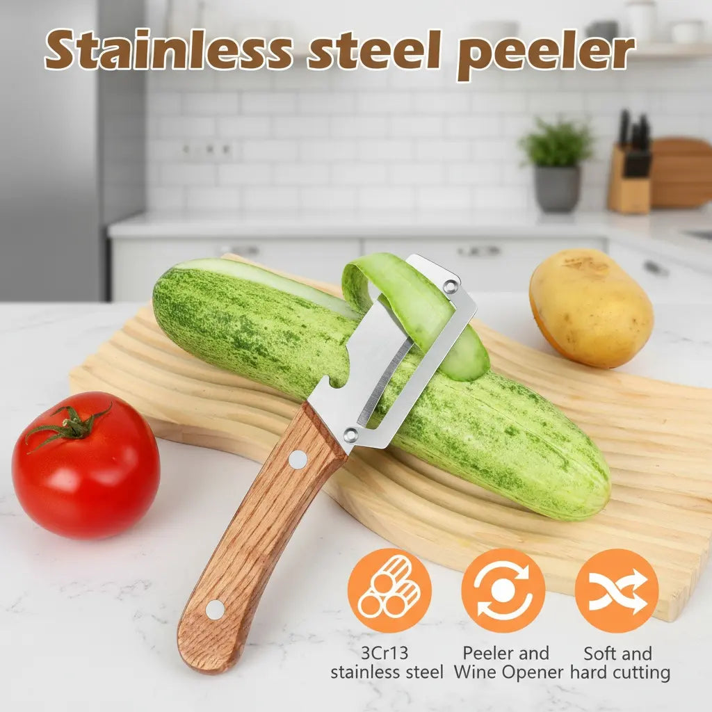 Ergonomic Wooden-Handled Vegetable and Fruit Peeler with Stainless Steel Blade and Integrated Bottle Opener