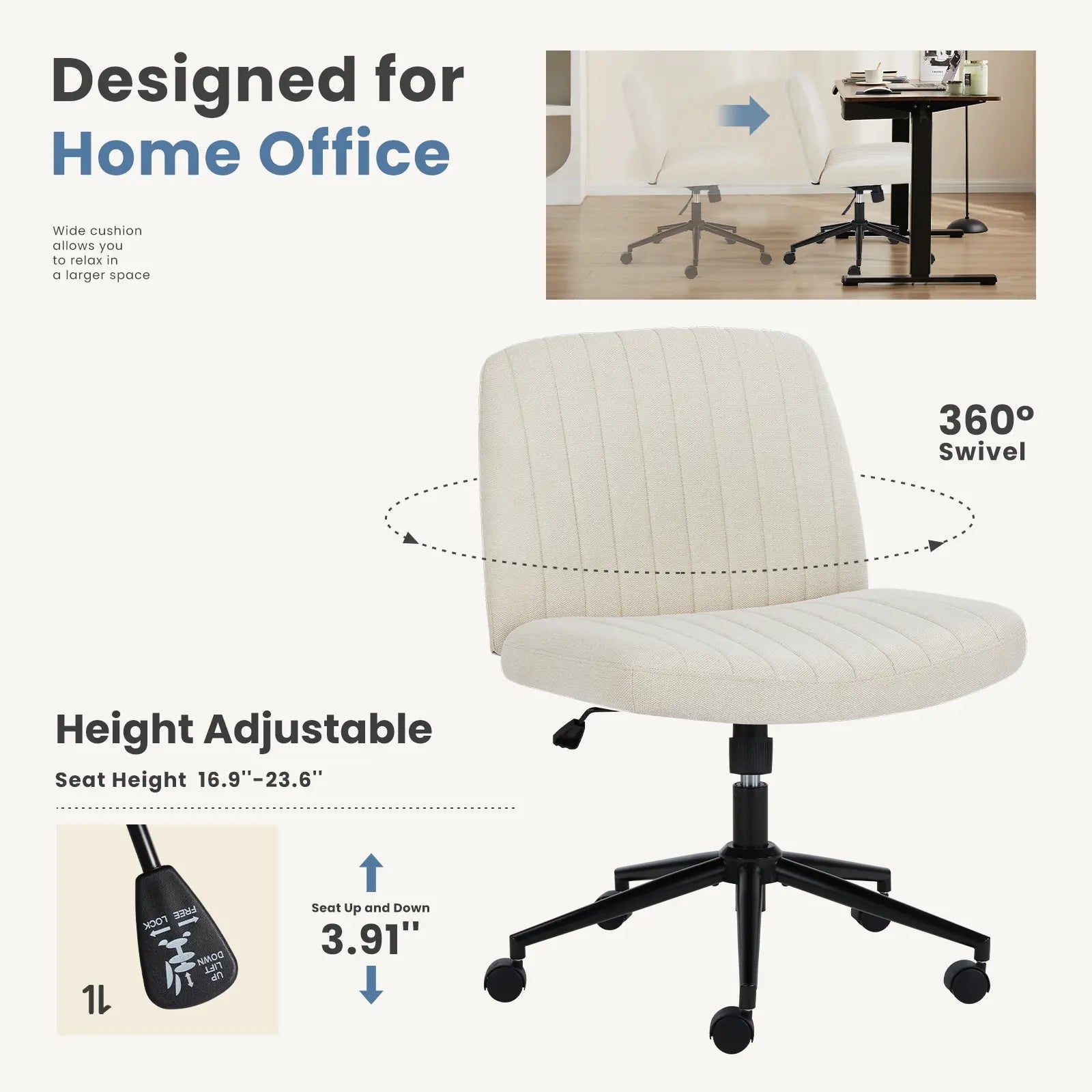 Height Adjustable Criss-Cross Office Chair with Wheels - Armless Swivel Desk Chair for Home and Office Use