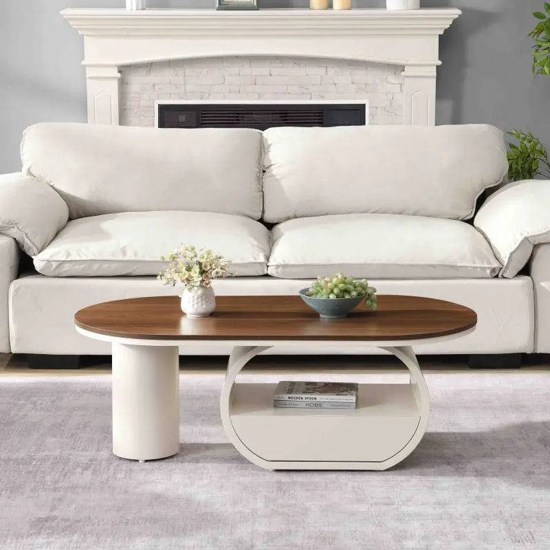 Luxury Oval Coffee Table with Storage Drawer, Wooden Top and Stainless Steel Base, 47.24