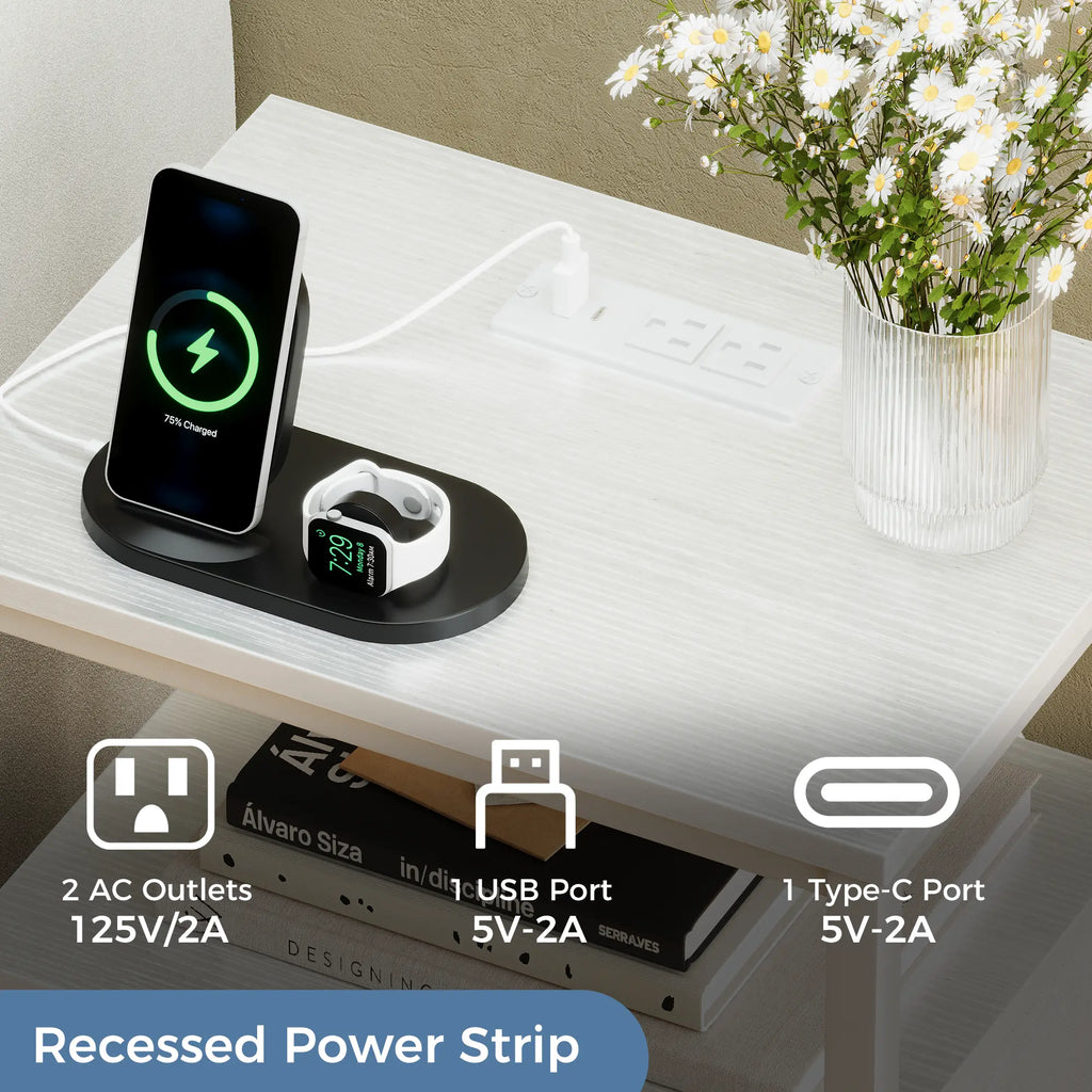 Elegant Nightstand with Integrated Charging Station, Dual Fabric Drawers, USB Ports, and Outlets - Modern Bedside Table for Apartments