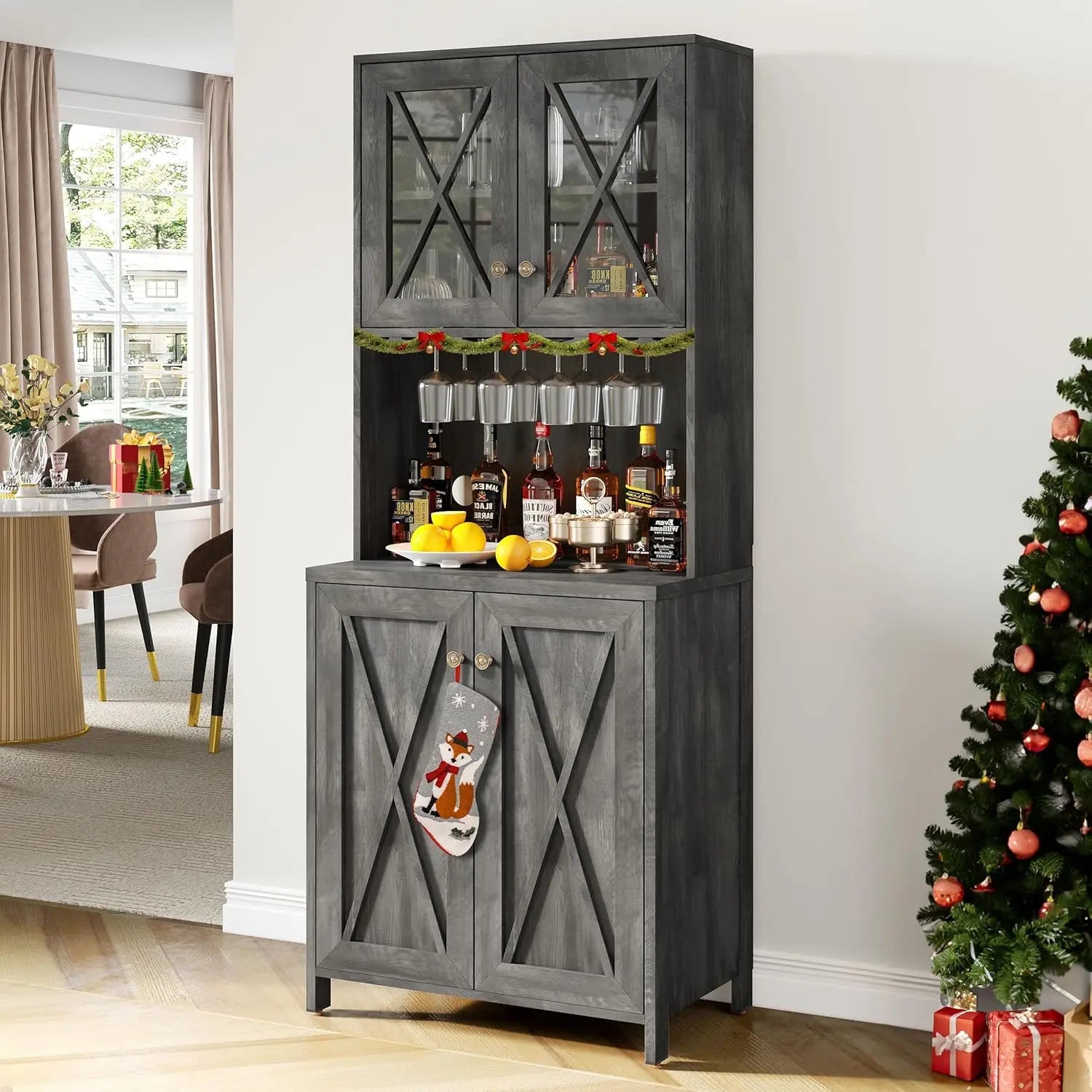 Yitahome 67" Tall Farmhouse Bar Cabinet with Wine Glass Rack, Open Storage Shelves, and Glass Doors in Charcoal Grey for Living Room