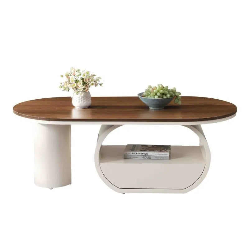 Luxury Oval Coffee Table with Storage Drawer, Wooden Top and Stainless Steel Base, 47.24